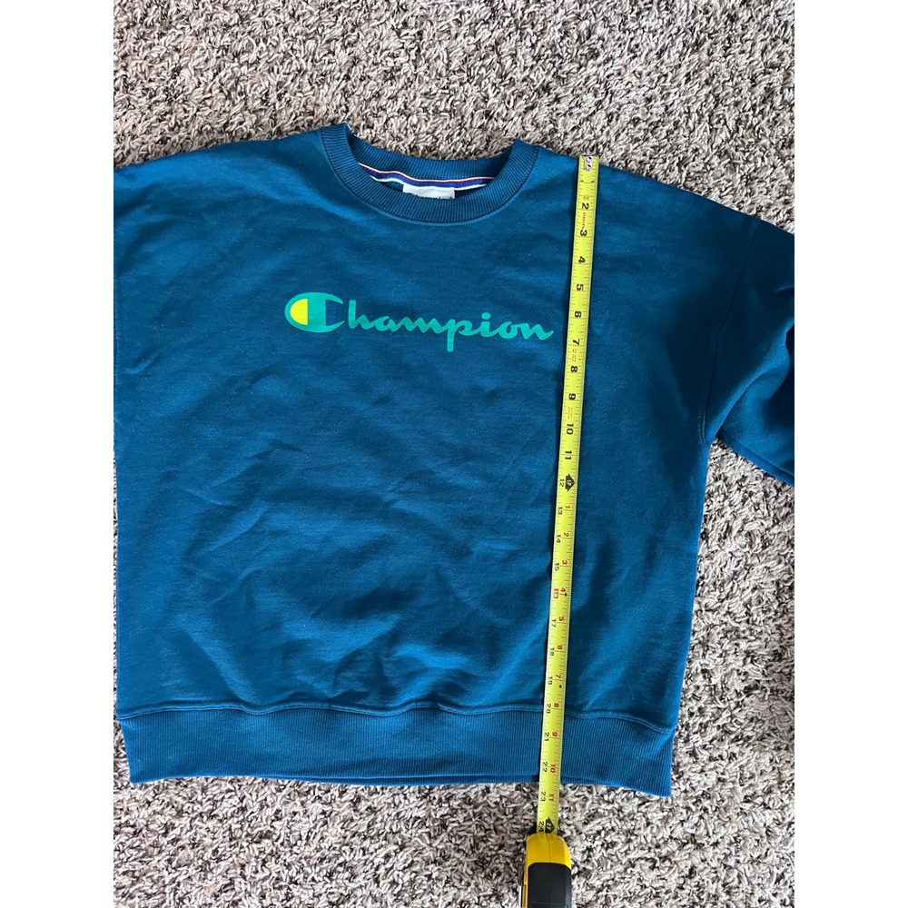 Champion Teal Blue Crewneck Sweatshirt GF535 Logo Fleece Pullover Small - Picture 3 of 7